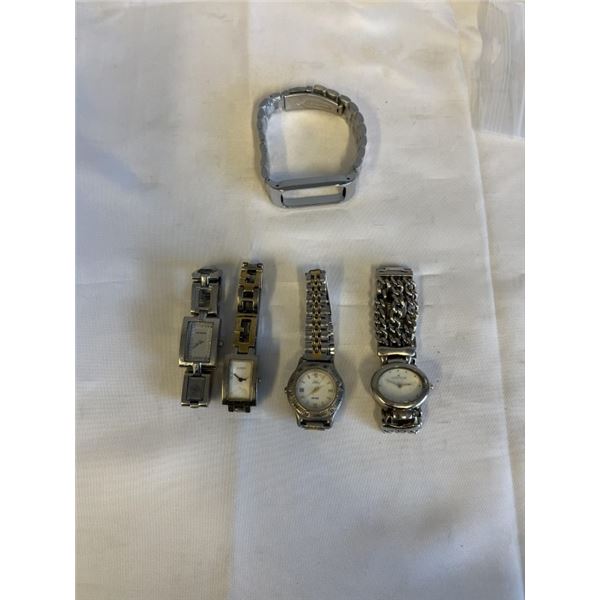 4 STAINLESS STEEL LADIES QUARTZ WATCHES,  BATTERIES REQUIRED AND 1 TWO TONE WATCH BRACELET