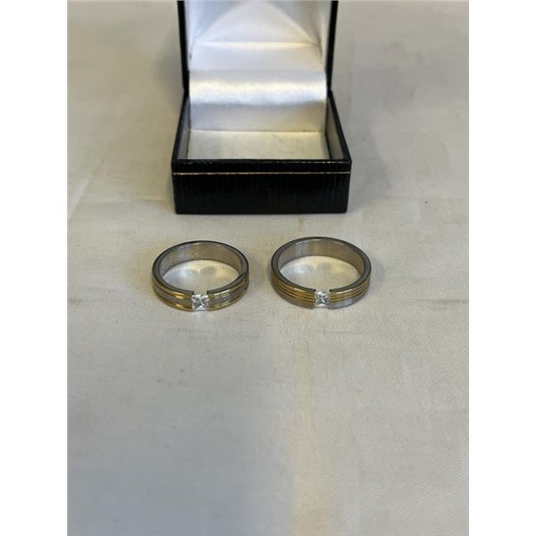 2 TITANIUM W/ GOLD INLAID AND CZ STONES RING BANDS SIZES 9 AND 10
