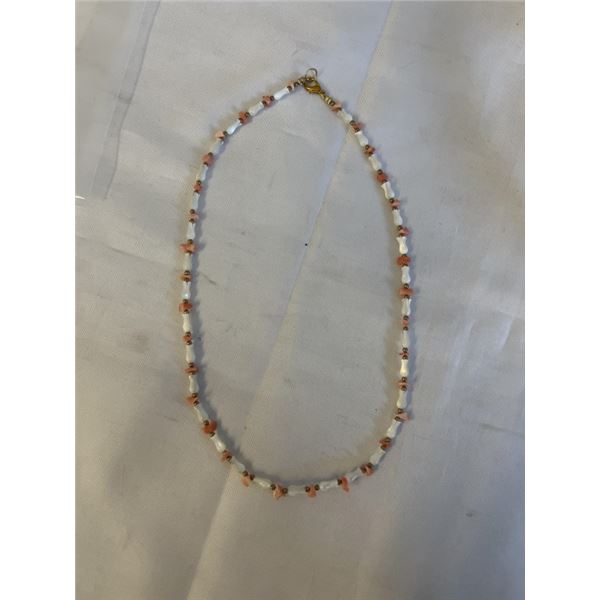 HAND CARVED MOTHER OF PEARL TULIP DESIGN BEADS W/ PINK CORAL CHOKER NECKLACE