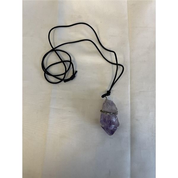 HEAVY AND LARGE NATURAL AMETHYST STONE PENDANT W/ LONG BLACK CORD NECKLACE