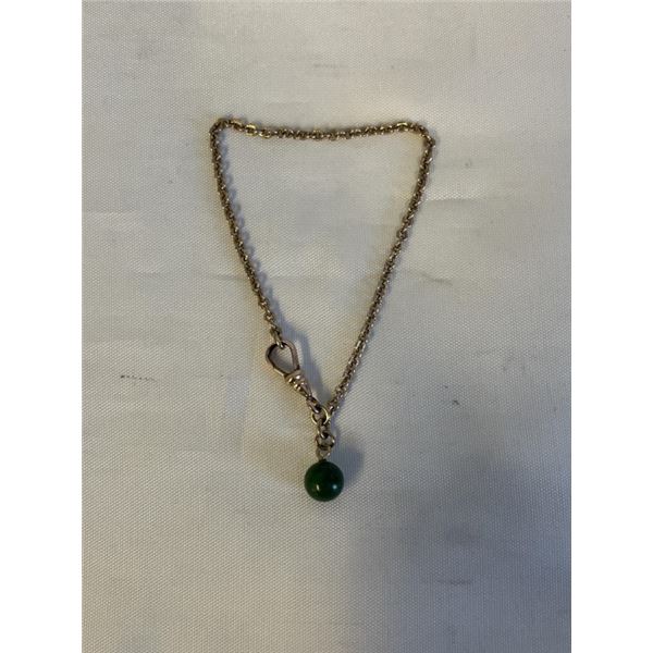 VINTAGE GOLD CHAIN BRACELET W/ GREEN JADE STONE BEAD CHARM