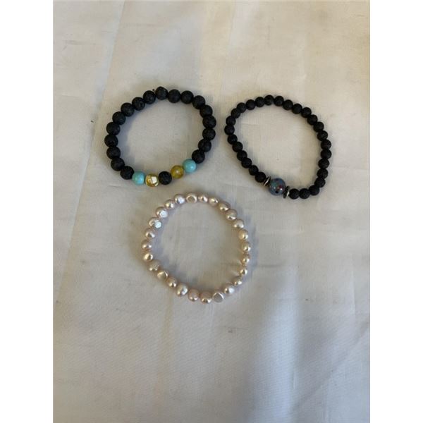 2 VOLCANIC ASH BEADS AND 1 GENUINE PEARLS STRETCH BRACELETS