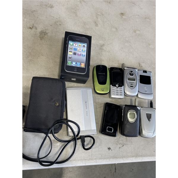 8 VINTAGE CELL PHONES INCLUDING IPHONE 3GS  + ORIGINAL BOX, CHARGER, INSTRUCTIONS