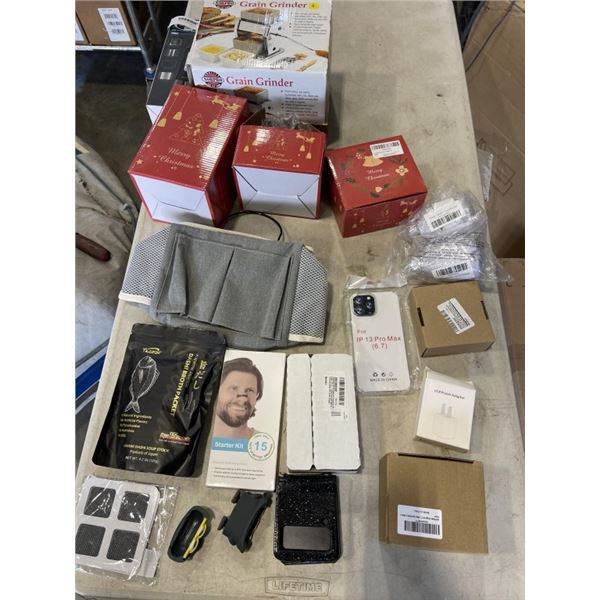 BOX OF MISC COLLECTIBLES, GRAIN GRINDER, AND WIRELESS TOOTH CLEANER