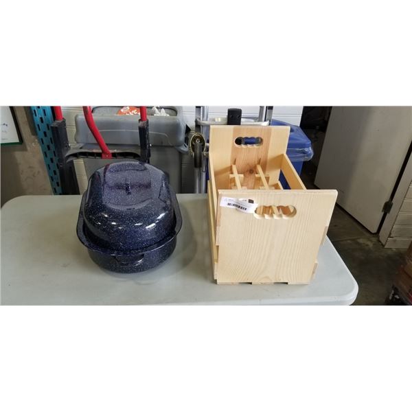 WINE CRATE AND ENAMEL ROASTING PAN