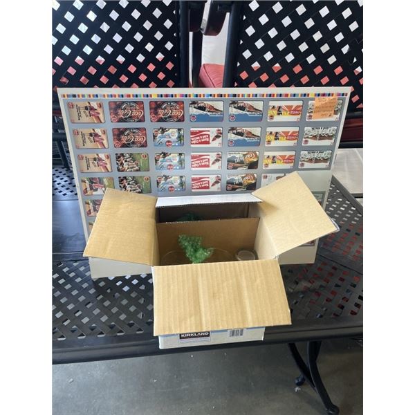 7 COKE GLASSES ONE BOTTLE AND UNCUT SHEET OF COCA COLA CARDS