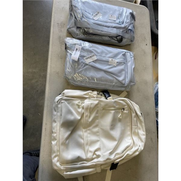 3 NEW LIGHT WEIGHT SCHOOL BACK PACKS, 2 LIGHT BLUE ONE WHITE OPENED