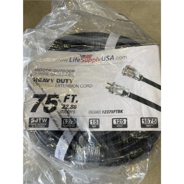 AS NEW BLACK 75FT LIFE SUPPLY LIGHTED INDOOR OUTDOOR HEAVY DUTY EXTENSION CORD, 12AWG