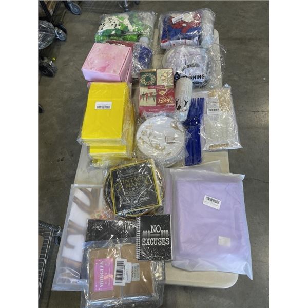 LARGE LOT OF NEW OVERSTOCK PARTY DECOR AND SUPPLIES, BALLONS, THEMED PLATE AND DECOR SETS, ETC