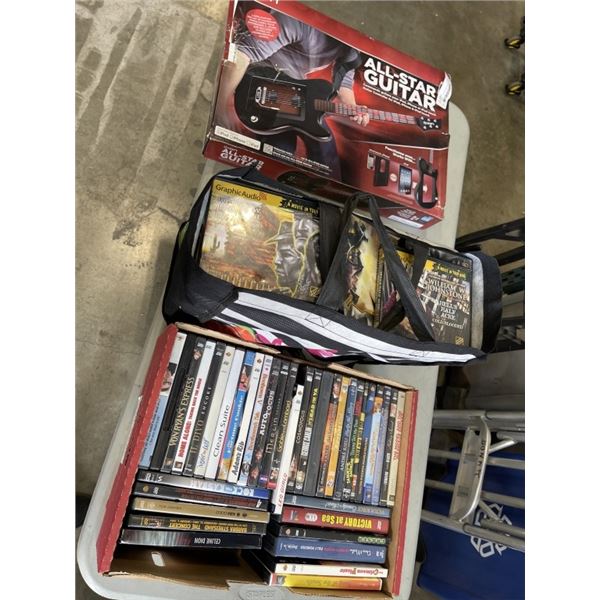 BOX AND BAG OF DVDS AND AUDIO BOOKS, AND  ION ALL-STAR GUITAR