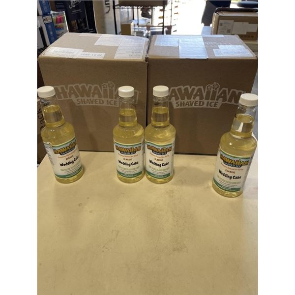 2 NEW BOXES OF HAWAIIAN SHAVED ICE FLAVORS AND 4 BOTTLES OF CLASSIC WEDDING CAKE