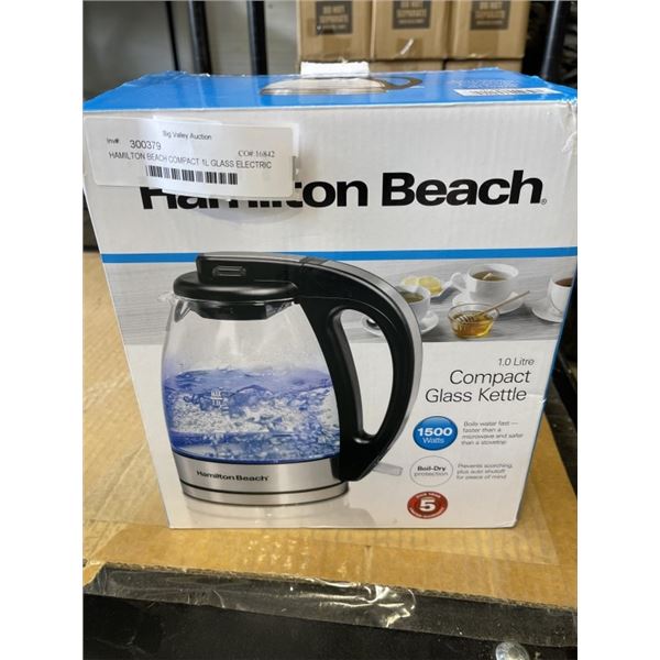 HAMILTON BEACH COMPACT 1L GLASS ELECTRIC KETTLE - TESTED WORKING