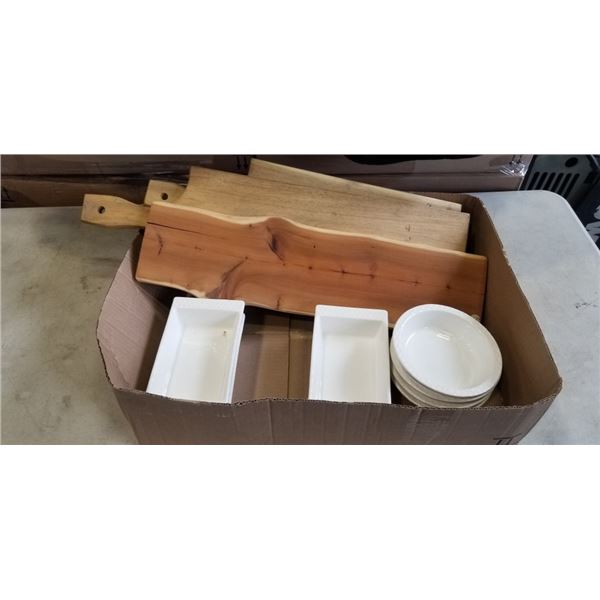 WHITE BAKING DISH SET AND WOOD CHARCUTERIE BOARDS