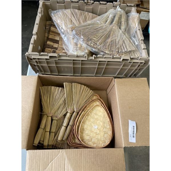 BOX AND TOTE OF WICKER FANS, PLACEMATS, ETC