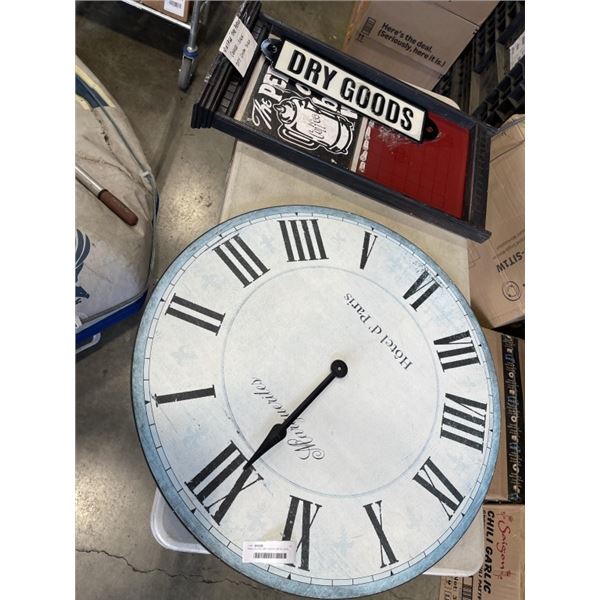 WALL CLOCK, DRY GOODS METAL SIGN, AND COFFEE SHOP SIGN