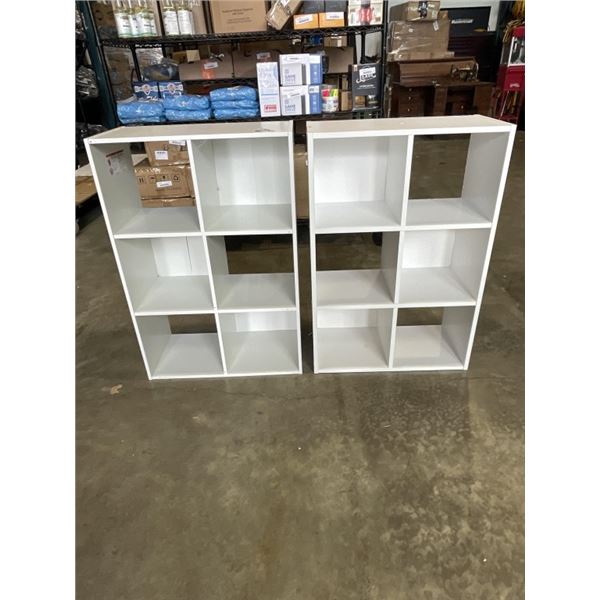 2 WHITE CUBICLE DISPLAY SHELVES