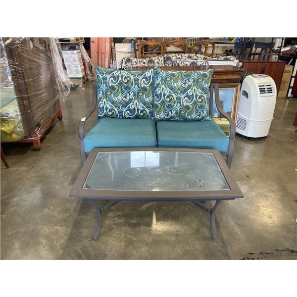 ALUMINUM PATIO LOVESEAT WITH CUSHIONS AND COFFEE TABLE