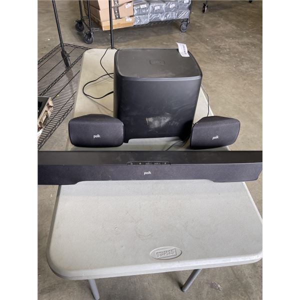 POLK SOUND BAR, SUB AND 2 SURROUND SOUND SPEAKERS