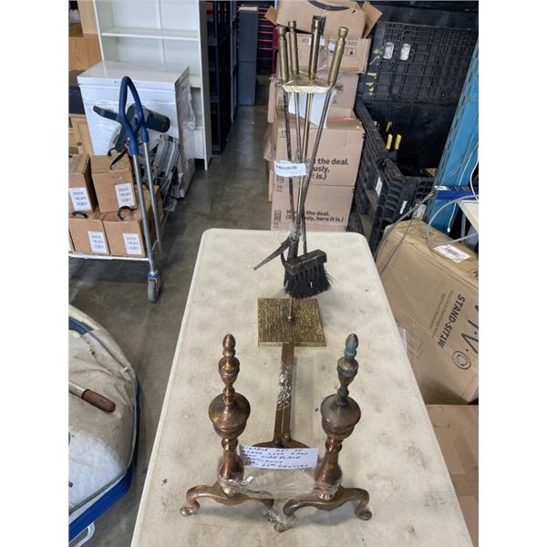 ANTIQUE BRASS FIRE LOG HOLDER AND COMPANION SET