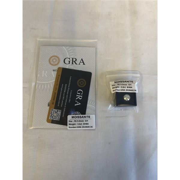 NEW 3.0CT MOISSANITE STONE, ROUND BRILLIANT CUT, GH-VVS1, TESTS POSITIVE W/ DIAMOND TESTER (MORE BRI