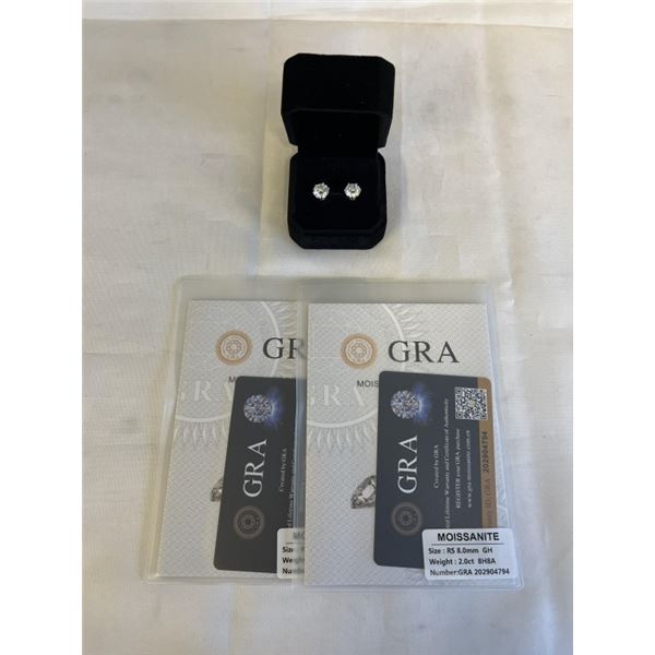 NEW PLATINUM PLATED 2.0CT EACH MOISSANITE STONE STUD EARRINGS, D-VVS1, GRA REPORT (TESTS POSITIVE W/