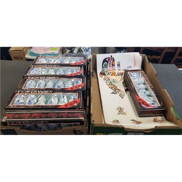 TRAY OF NEW PORCELAIN FLOWER VASE SETS AND PACIFIC COAST INDIAN ART SERIES POSTERS