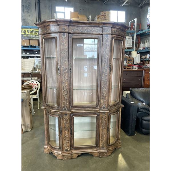 2 PIECE ORNATELY PAINTED DISPLAY CABINET WITH BOWED GLASS DOORS