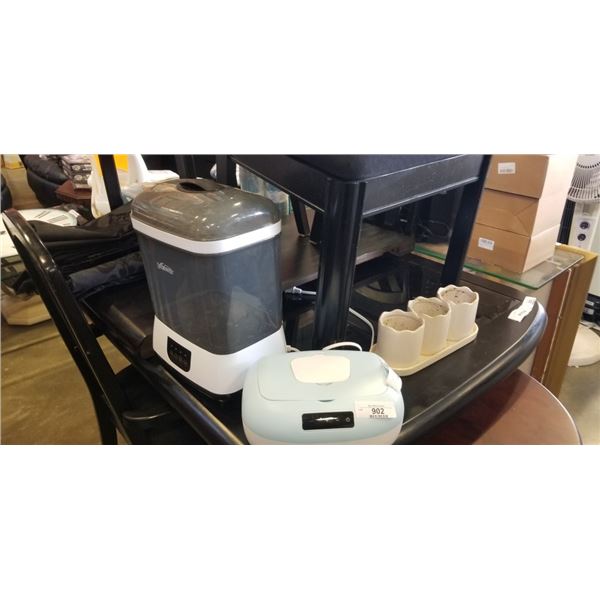 DR. BROWNS BOTTLE STERILIZER AND WIPE WARMER, BOTH WORKING , AND 3 SMALL PLANT POTS ON TRAY