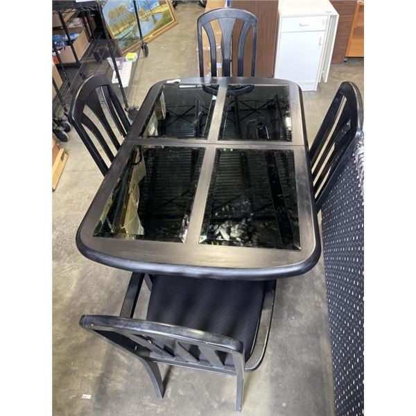BLACK DINING TBALE WITH GLASS INSERTS AND 4 DINING CHAIRS