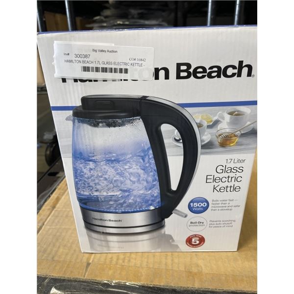 HAMILTON BEACH 1.7L GLASS ELECTRIC KETTLE - TESTED WORKING