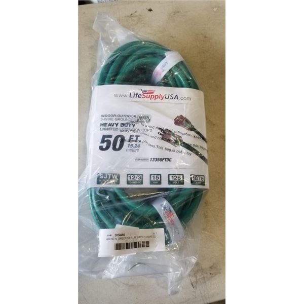 AS NEW GREEN 50FT LIFE SUPPLY LIGHTED INDOOR OUTDOOR HEAVY DUTY EXTENSION CORD, 12AWG