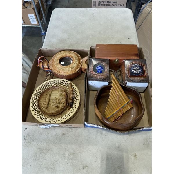 VINTAGE HAND MADE WOODEN ITEMS INCLDUING FLASK, BOXES ETC
