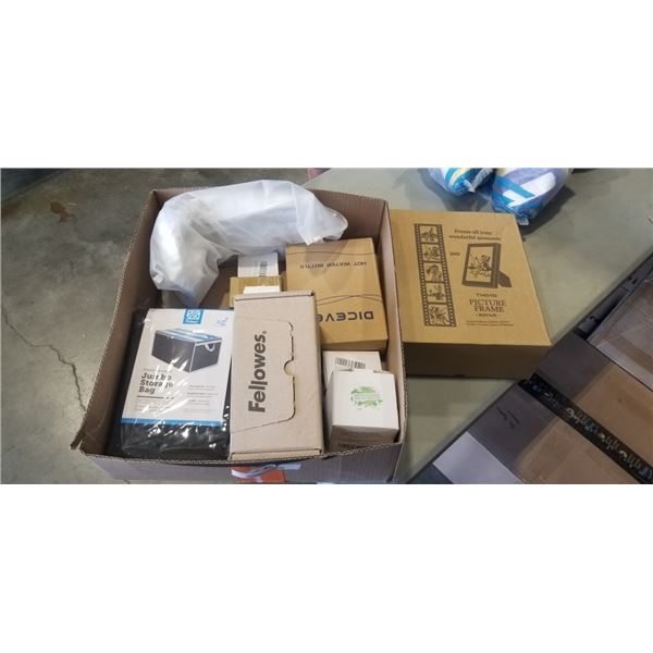 ASSORTED AMAZON OVERSTOCK HOUSEHOLD ITEMS INLCUDING PICTYURE FRAME, JUMBO ORGANIZERS, FELLOWES BAGS 