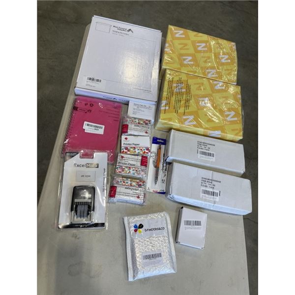 ASSORTED AMAZON OVERSOTCK OFFICE SUPPLIES INCLDUING PAPER, PAPER CLIPS, ORAGNIZER, MERCHANDISOR SCIS