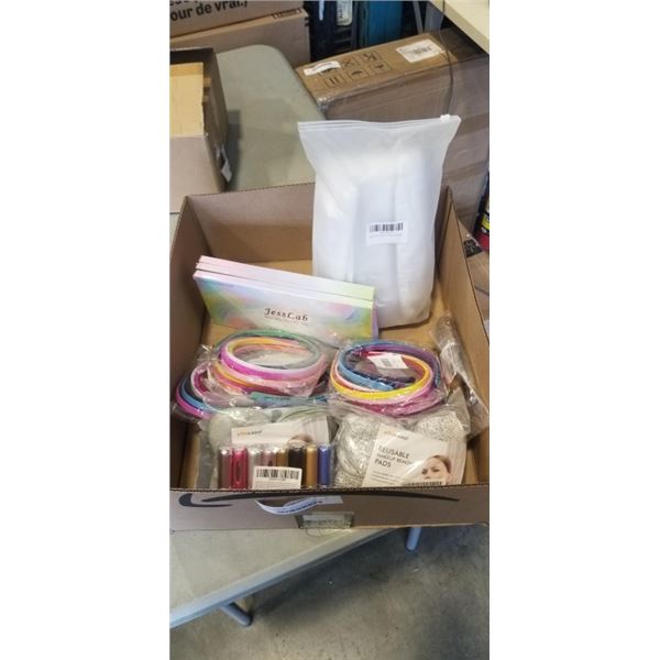ASSORTED NEW MAKEUP RMEOVER PADS, HAIR TIES AND HEADBANDS, TRAVEL PERFUME ATOMIZER SET, HAIR DRYER /