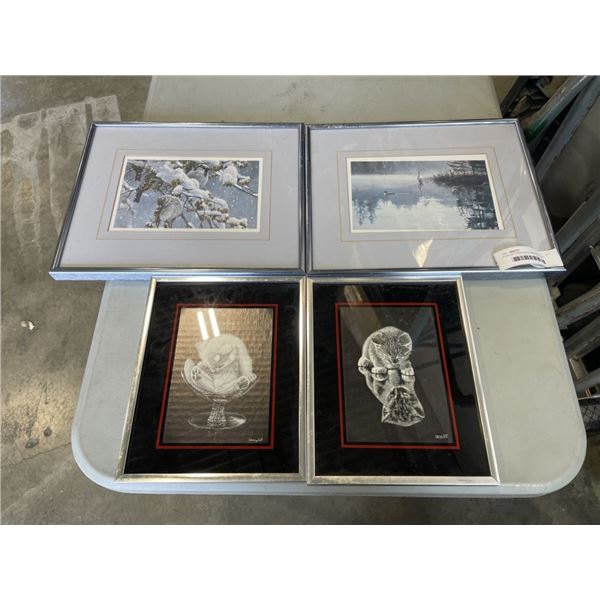 2 COLLECTIBLE BLACK AND WHITE CAT PICTURES AND 2 PRINTS