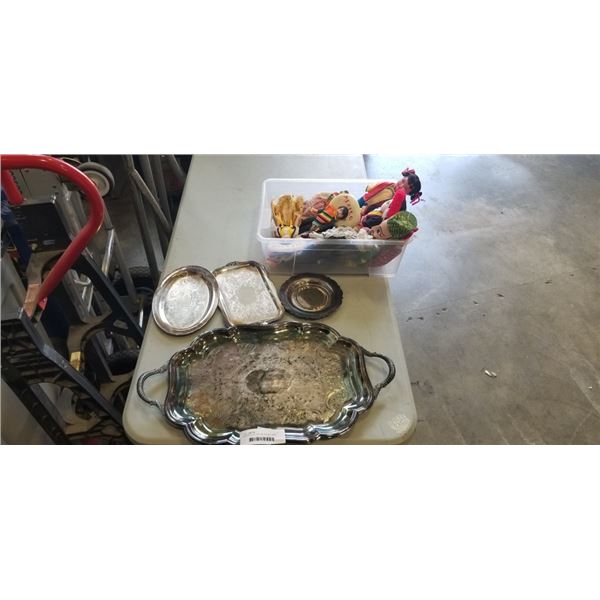SILVERPLATE TRAY AND SERVING ITEMS AND ASSORTED COLLECTIBLE DOLLS