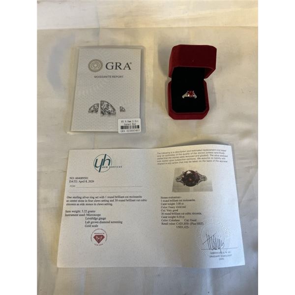 3.00 CT GRA CERTIFIED ROUND BRILLIANT CUT MOISSANITE STONE VVS FANCY VIVID RED COLOR WITH 30 ROUND B