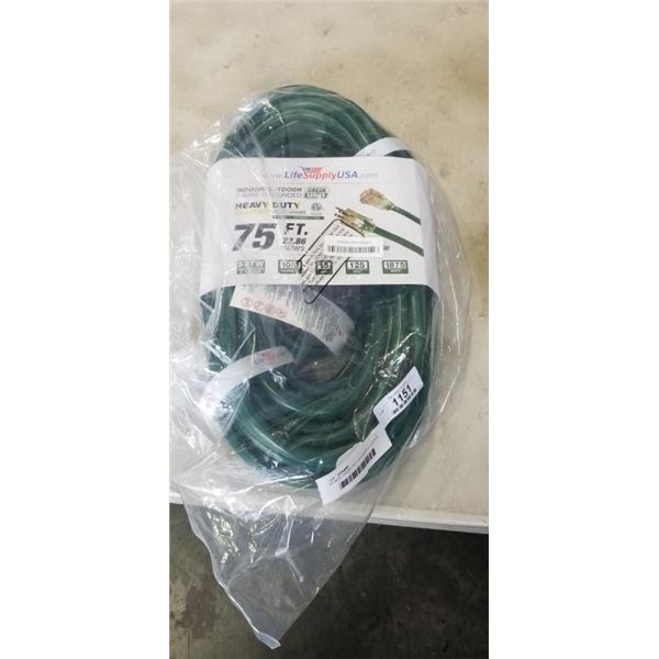 AS NEW GREEN 75FT LIFE SUPPLY LIGHTED INDOOR OUTDOOR HEAVY DUTY EXTENSION CORD, 10AWG