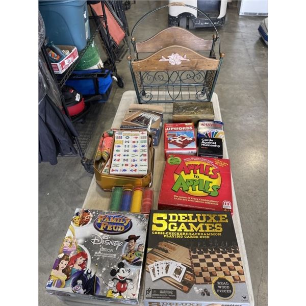 ASSORTED BOARD GAMES AND TABLE GAMES., MAGAZINE CADDY ETC