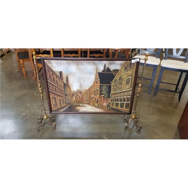 VILLAGE SCENE OIL PAINTING FIRE SCREEN ON STANDS