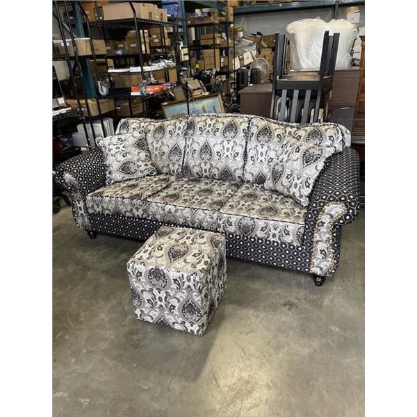 BLACK AND SILVER DECORATIVE ROLLED ARM SOFA