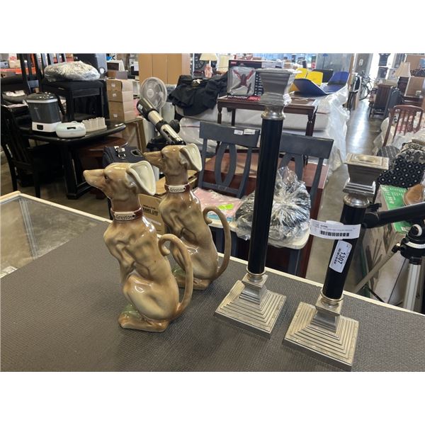 PAIR OF GREYSON GREYHOUND WATER PITCHERS AND 2 DECORATIVE CANDLE STANDS