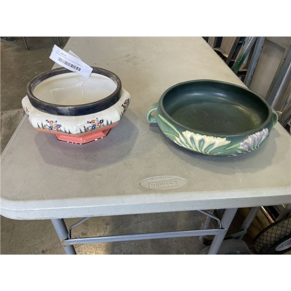 ANTIQUE ROSEVILLE LARGE HANDLED BOWL AND GRIMWADES SILVER RIMMED BOWL