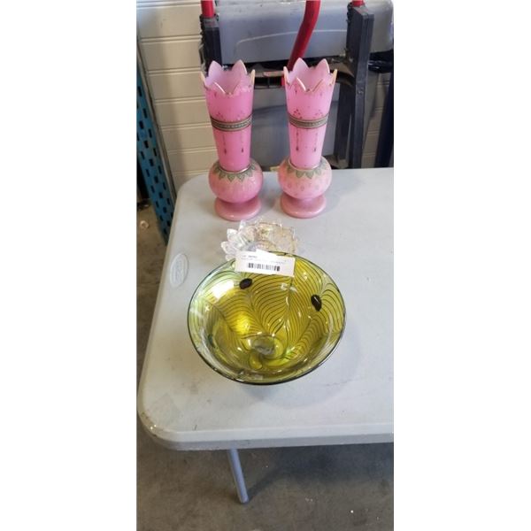 HEAVY ART GLASS BOWL , HAND PAINTED VSES, SOME DAMAGE AND GLASS BOWL