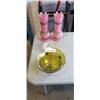 Image 1 : HEAVY ART GLASS BOWL , HAND PAINTED VSES, SOME DAMAGE AND GLASS BOWL