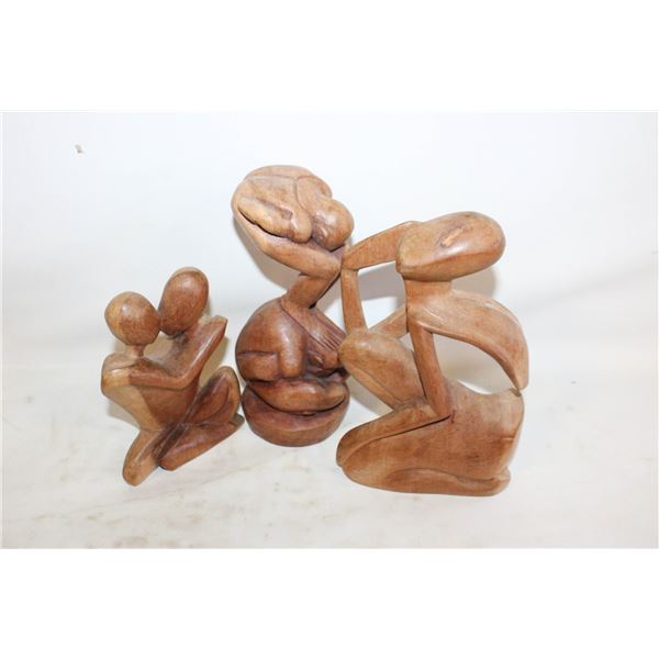 CARVED WOOD THINKER +LOVER + DOUBLE YOGI FIGURINES