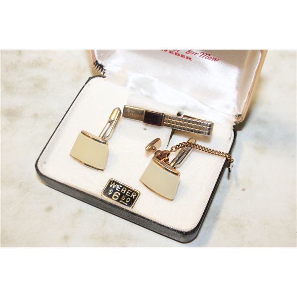 VINTAGE WEBER CUFF LINKS & 2 TIE CLIPS
