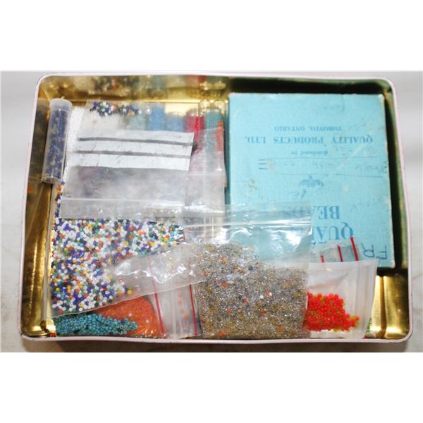 TIN OF SEED BEADS (17 VIALS AND 18 BAGS)