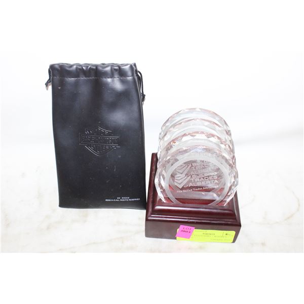 SET OF 4 COASTERS + WOODEN STAND